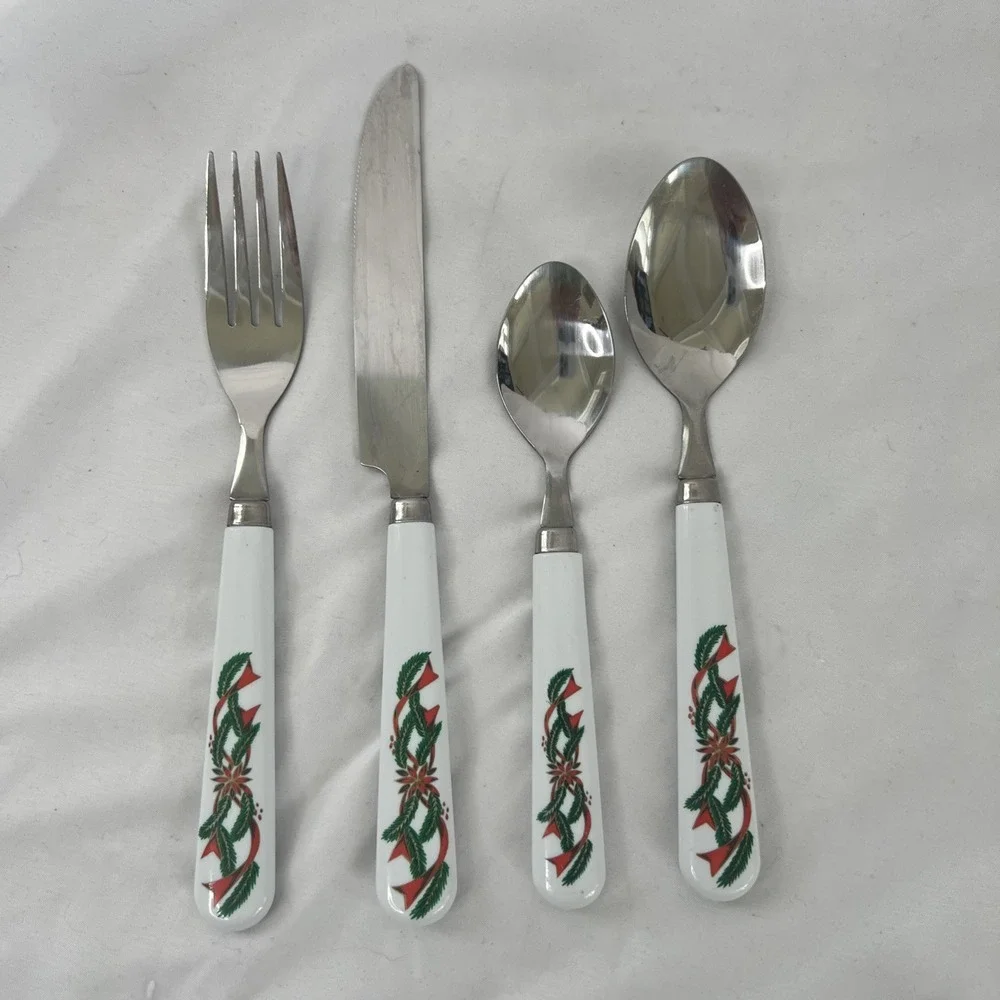 Vintage Poinsettia and Ribbon Flatware Silverware 14 Piece Stainless‎ Christmas